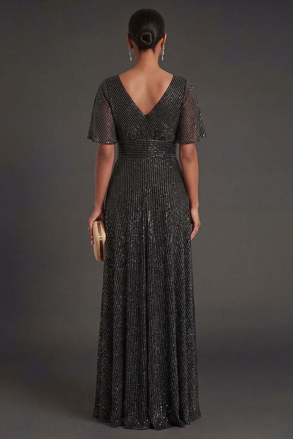 Black Sheath V Neck Short Sleeves Long Formal Dress