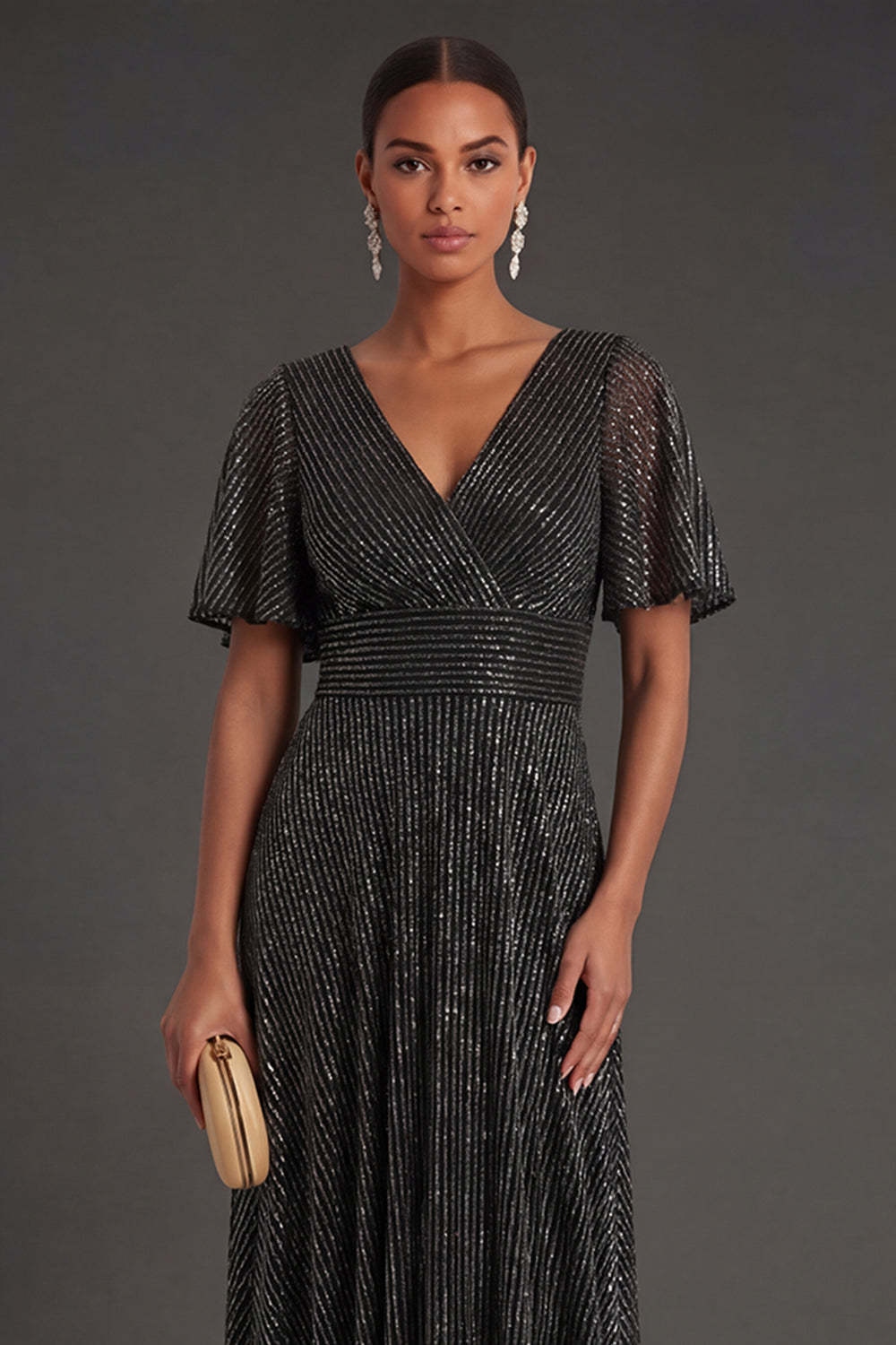 Black Sheath V Neck Short Sleeves Long Formal Dress