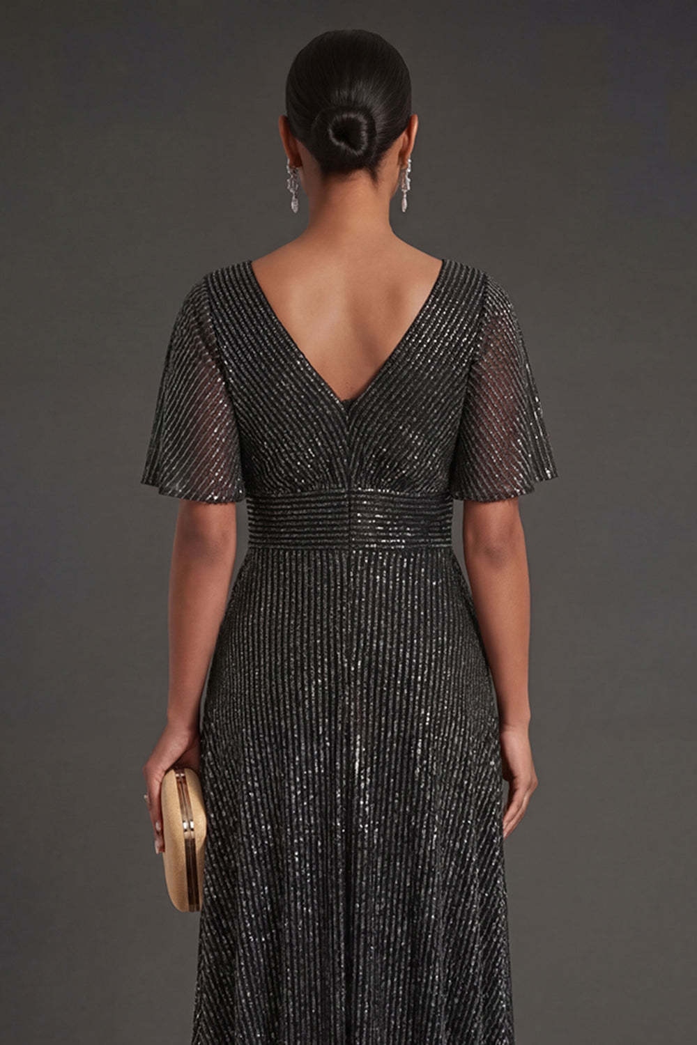 Black Sheath V Neck Short Sleeves Long Formal Dress