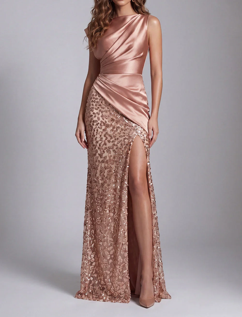 Sparkly Champagne Beaded Ruched Mermaid Long Formal Dress with Slit