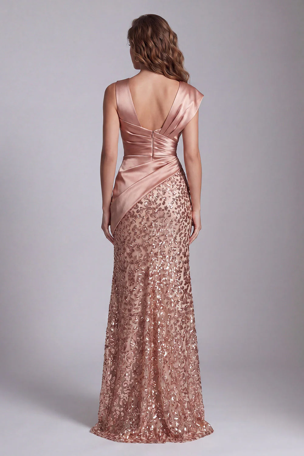 Sparkly Champagne Beaded Ruched Mermaid Long Formal Dress with Slit