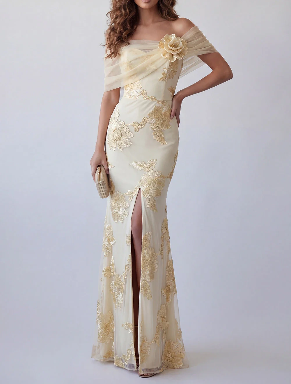 Light Yellow Floral Mermaid Off the Shoulder Long Formal Dress with 3D Flower