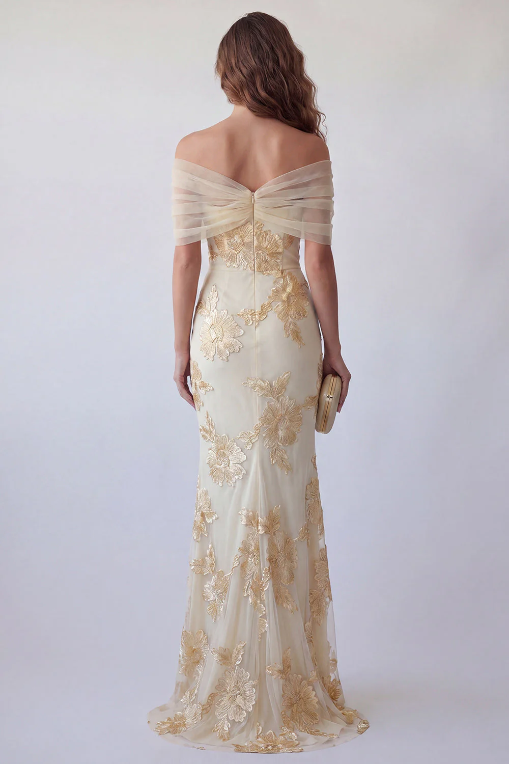 Light Yellow Floral Mermaid Off the Shoulder Long Formal Dress with 3D Flower