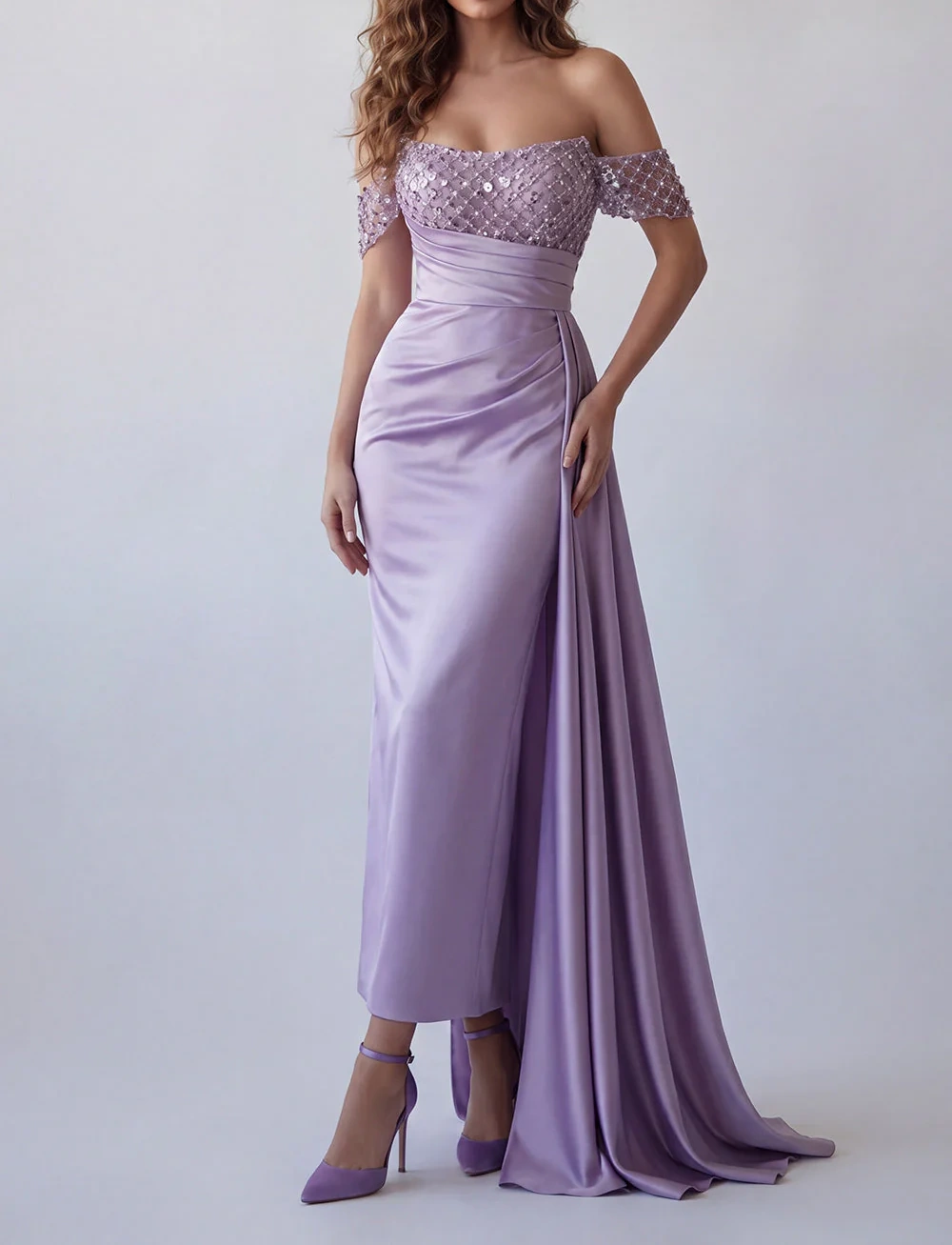 Light Purple Ruched Beaded Mermaid Long Formal Dress with Side Cape