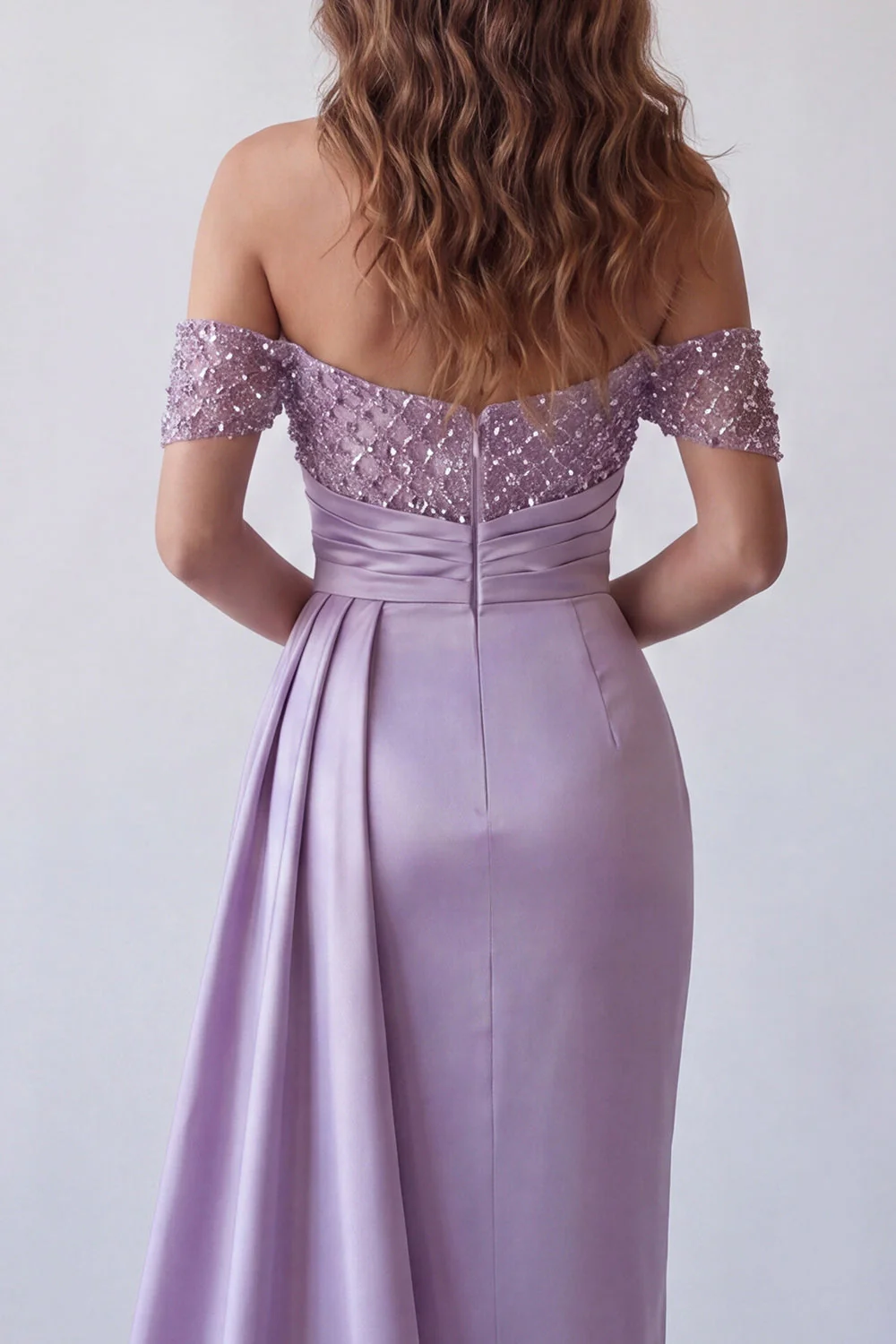 Light Purple Ruched Beaded Mermaid Long Formal Dress with Side Cape