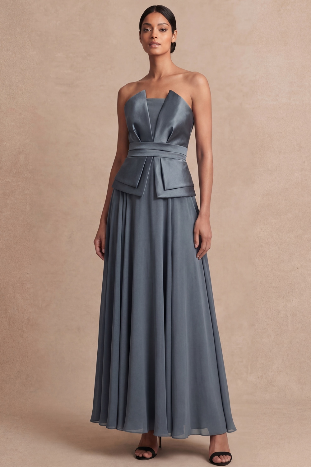 Dusty Blue Wedding Guest Dress A-Line Strapless Satin Maxi Dress