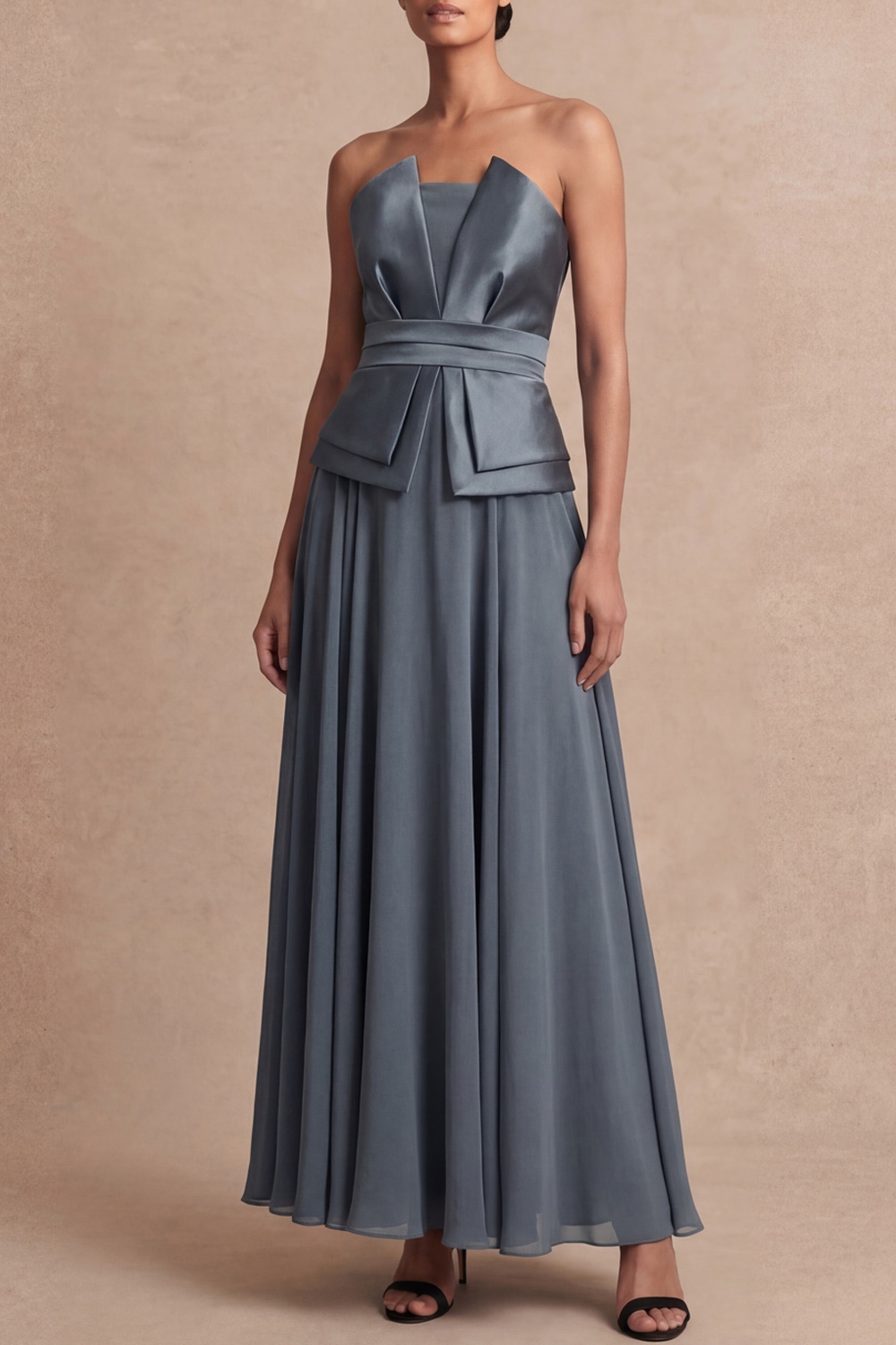 Dusty Blue Wedding Guest Dress A-Line Strapless Satin Maxi Dress