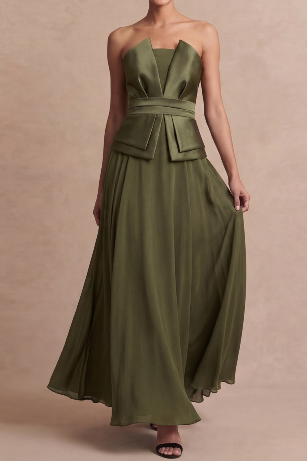 Dusty Blue Wedding Guest Dress A-Line Strapless Satin Maxi Dress