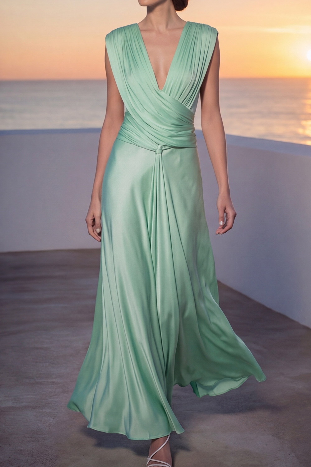 Mint Green Formal Evening Dress V-Neck Ruched Maxi Dress with Sash