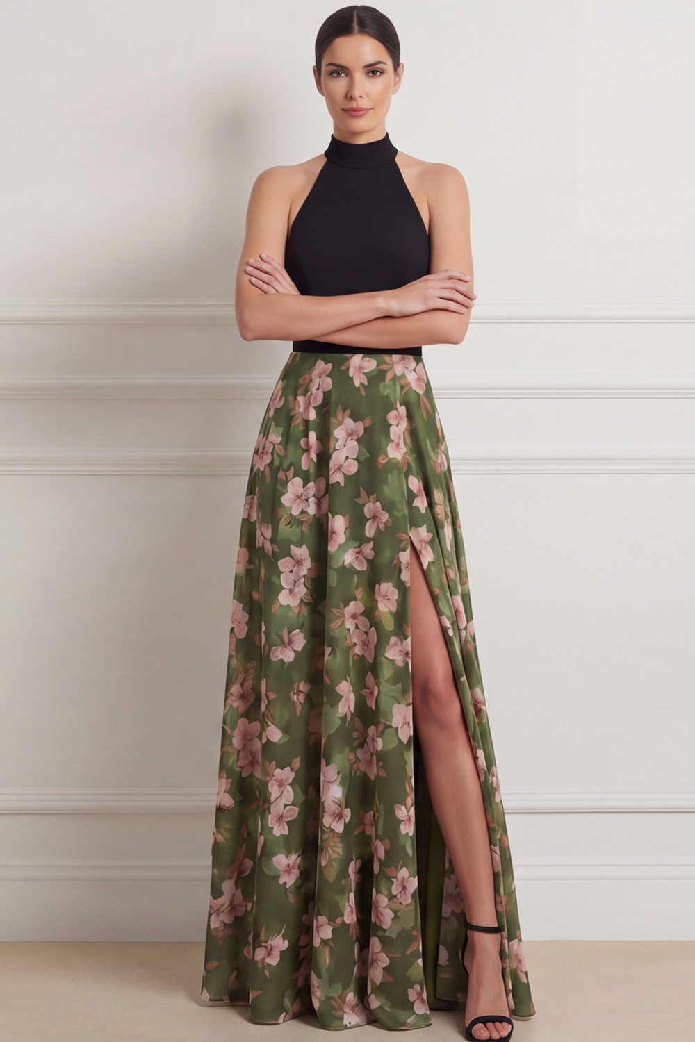 Olive Formal Dress Halter A-Line Floral Chiffon Maxi Dress with Slit