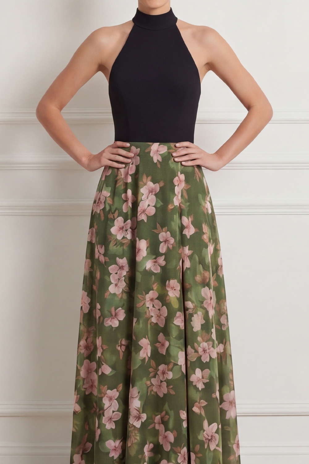 Olive Formal Dress Halter A-Line Floral Chiffon Maxi Dress with Slit