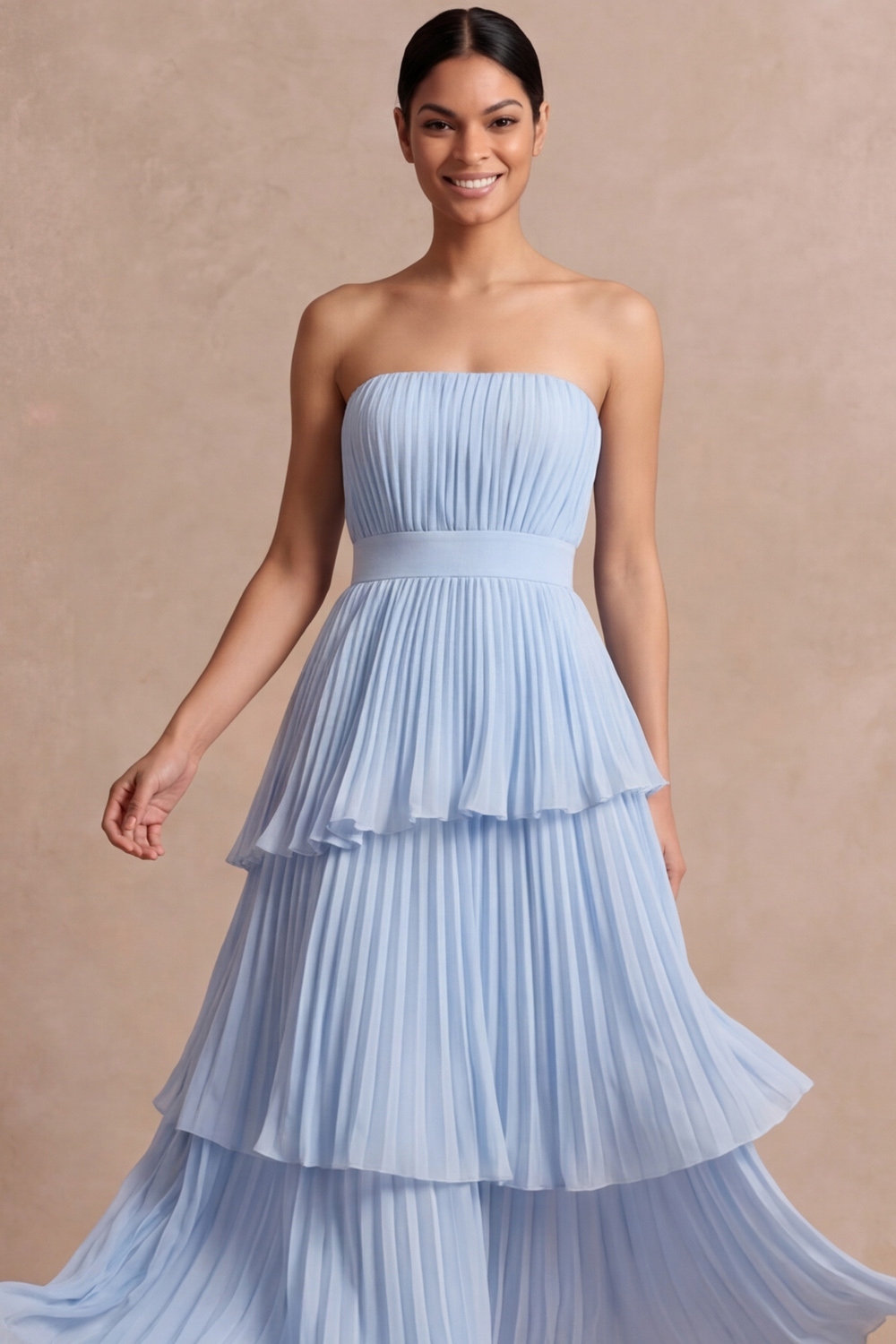 Light Blue ​Wedding Bridesmaid Dress Strapless Tiered Pleated Maxi Dress