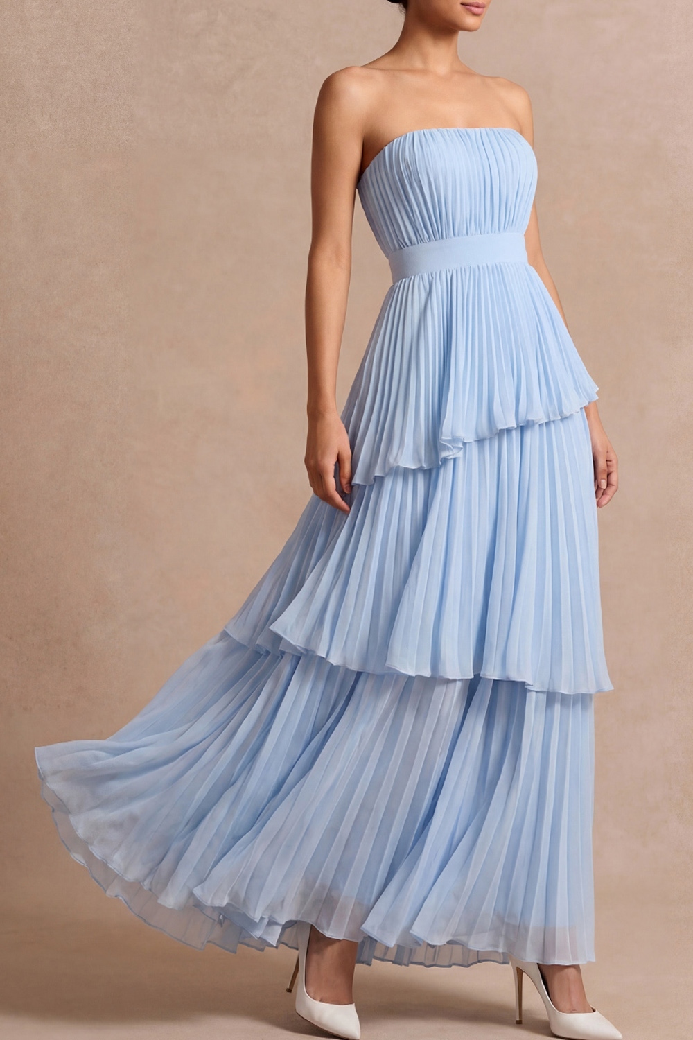 Light Blue ​Wedding Bridesmaid Dress Strapless Tiered Pleated Maxi Dress