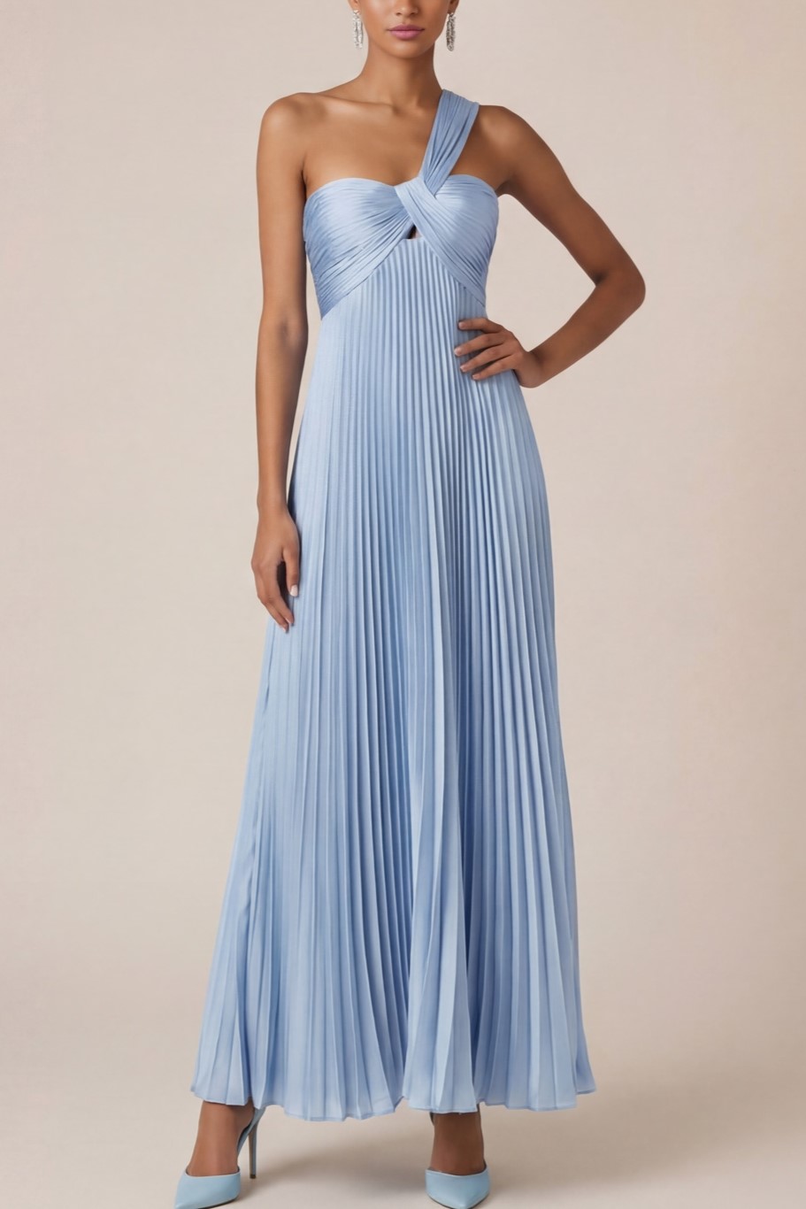 Light Blue Evening Formal Dress A-Line One Shoulder Pleated Maxi Dress