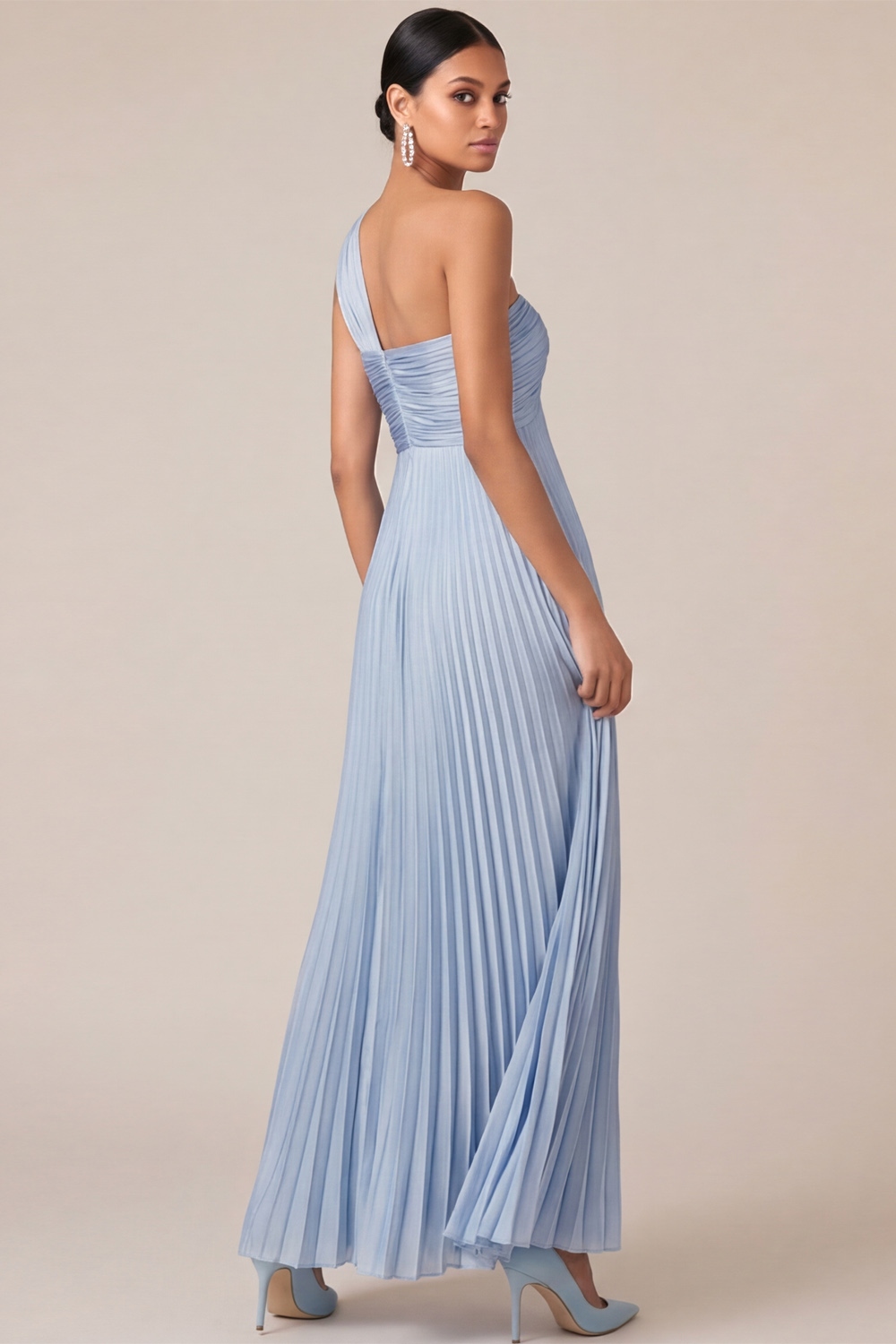 Light Blue Evening Formal Dress A-Line One Shoulder Pleated Maxi Dress