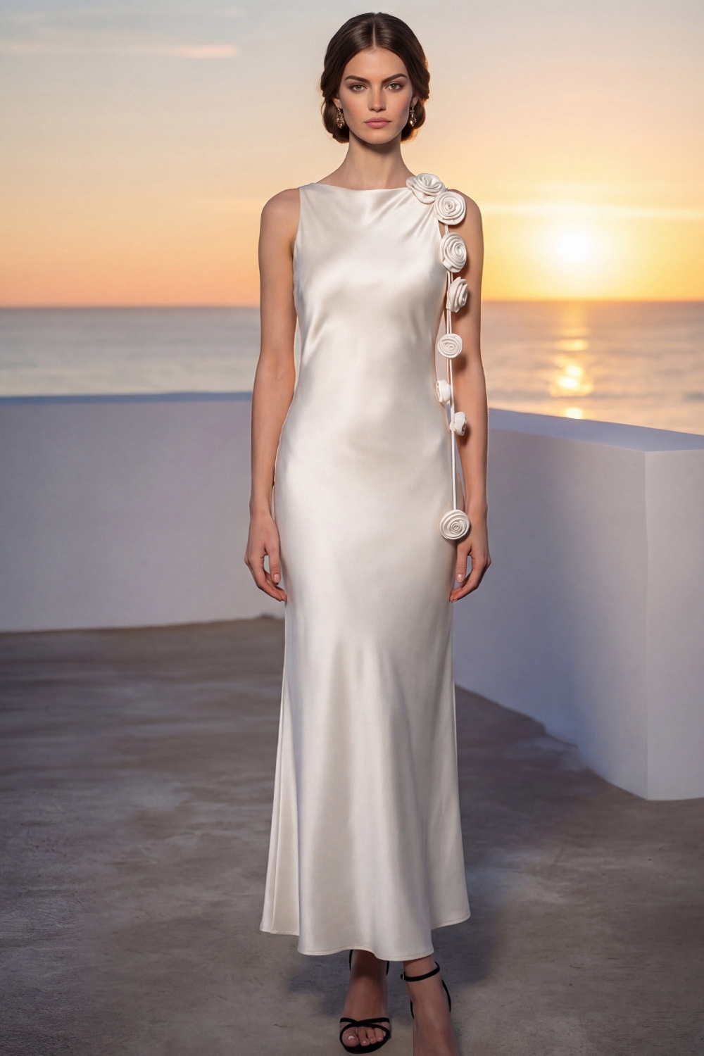 White Formal Evening Dress Crew Neck Satin Maxi Dress with 3D Flower