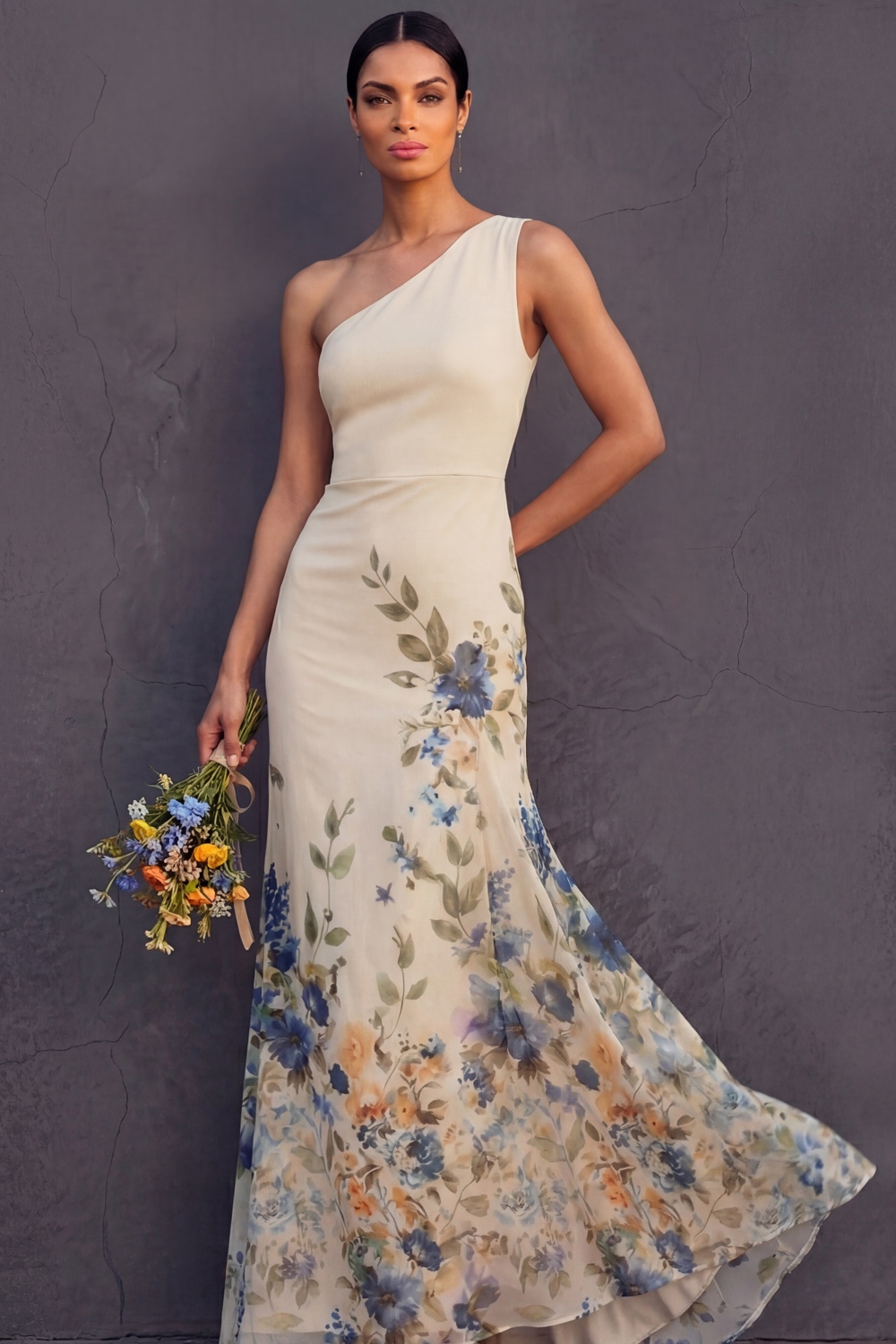 Champagne Floral Wedding Guest Dress Mermaid One Shoulder Maxi Dress