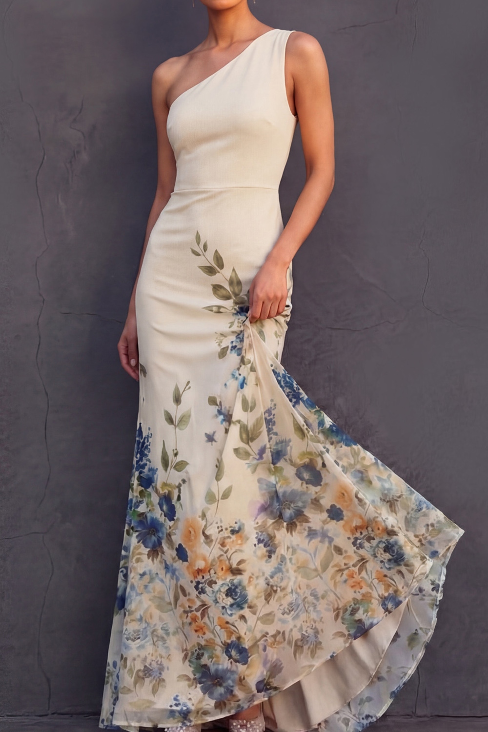 Champagne Floral Wedding Guest Dress Mermaid One Shoulder Maxi Dress