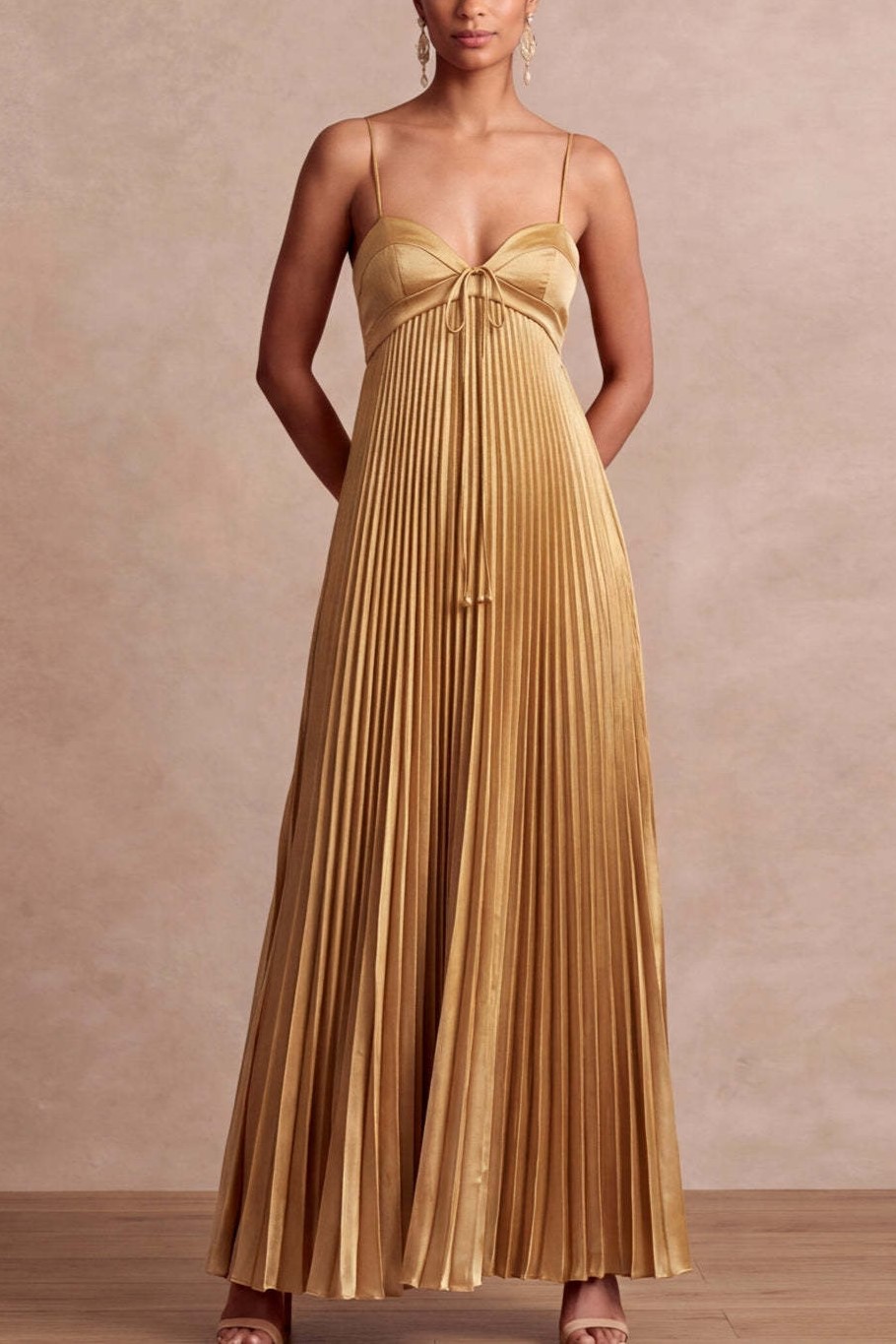 A Line Pleated Golden Spaghetti Straps Long Formal Dress