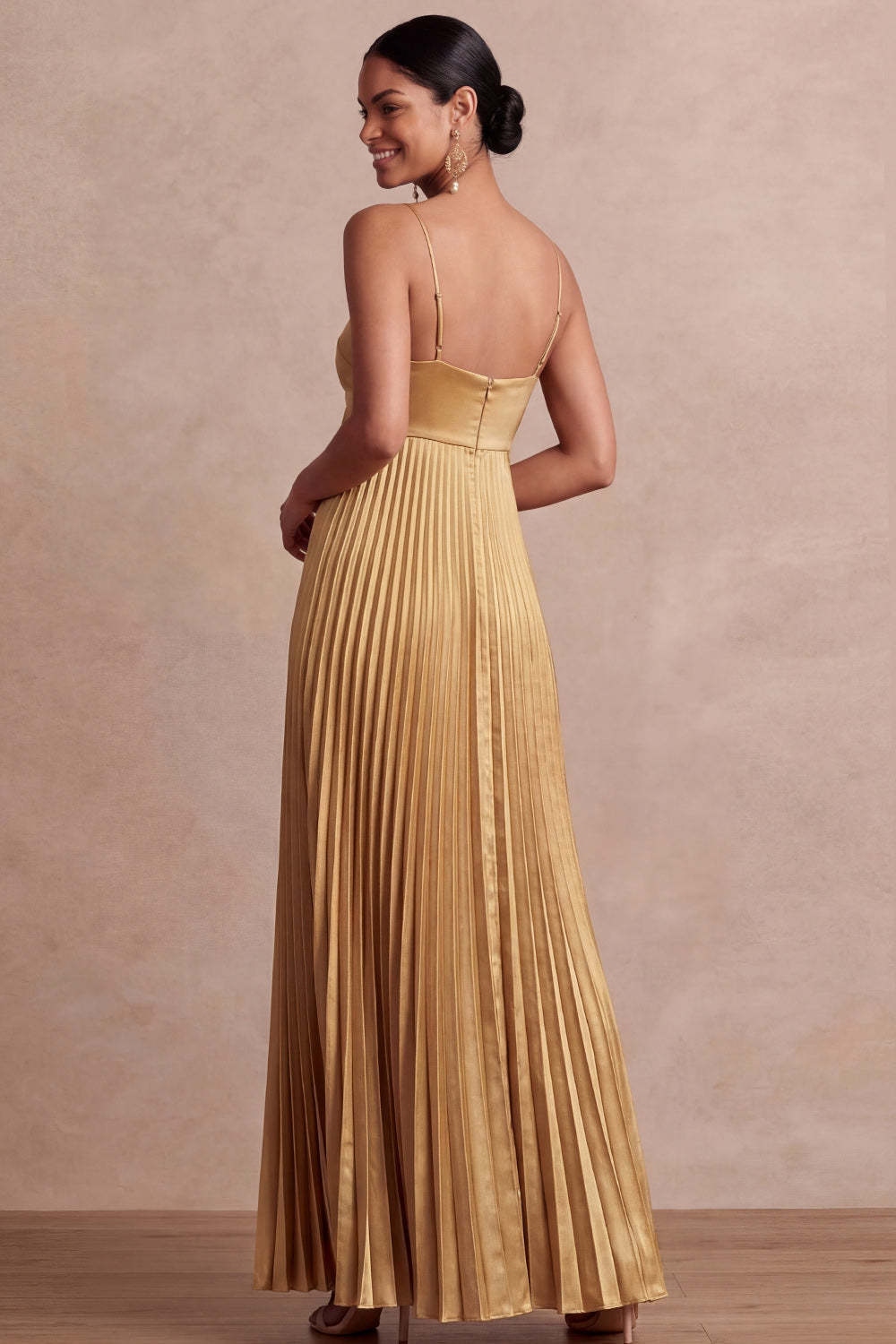A Line Pleated Golden Spaghetti Straps Long Formal Dress