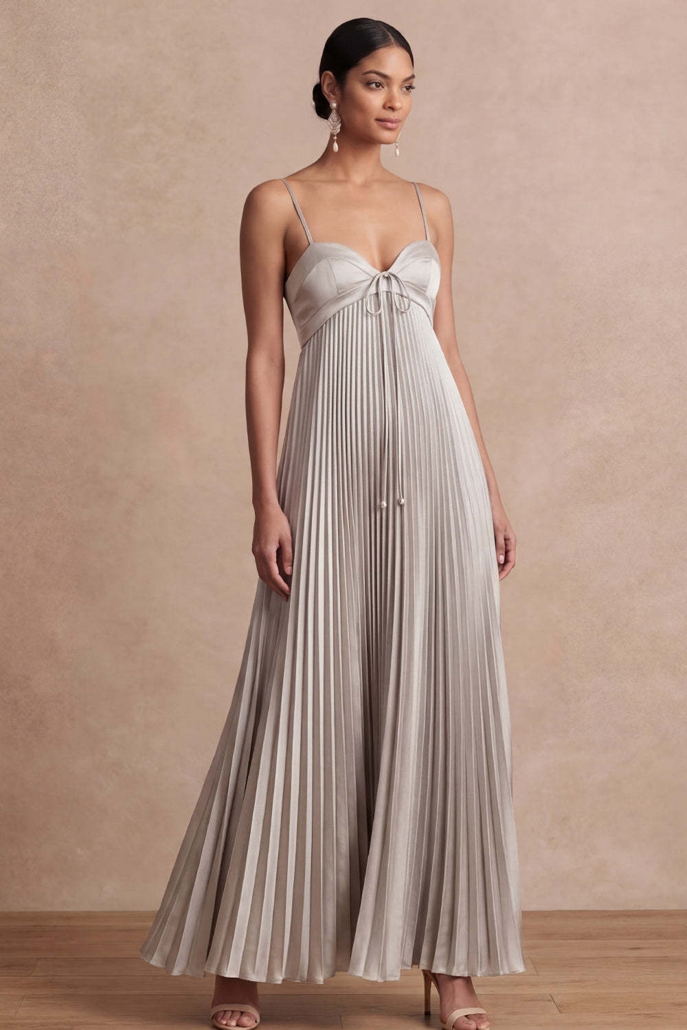 A Line Pleated Golden Spaghetti Straps Long Formal Dress