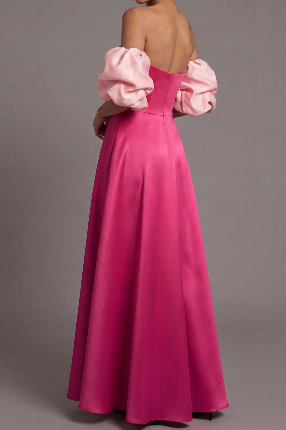 Golden Formal Evening Dress Off the Shoulder Puff Sleeve Satin Maxi Dress