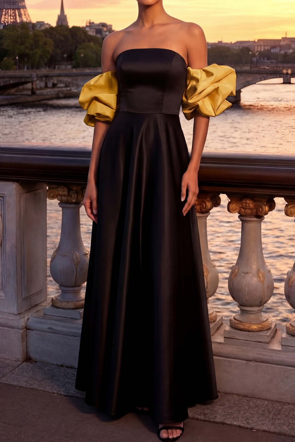 Golden Formal Evening Dress Off the Shoulder Puff Sleeve Satin Maxi Dress