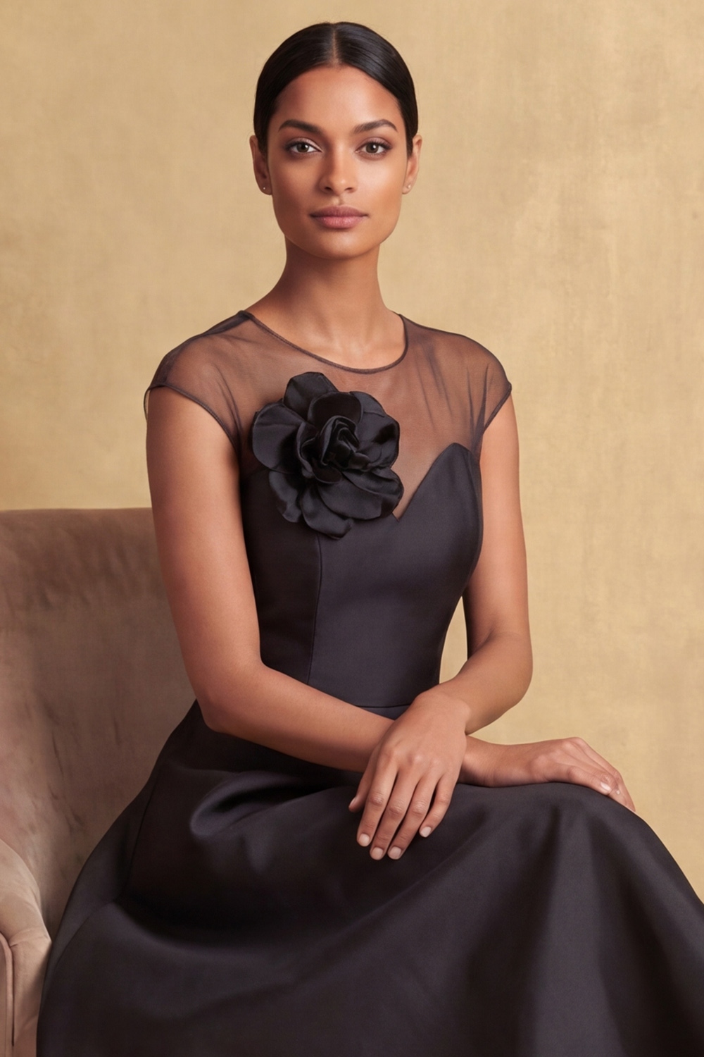 Black Evening Formal Dress Illusion Neck High-Low Dress with 3D Flower