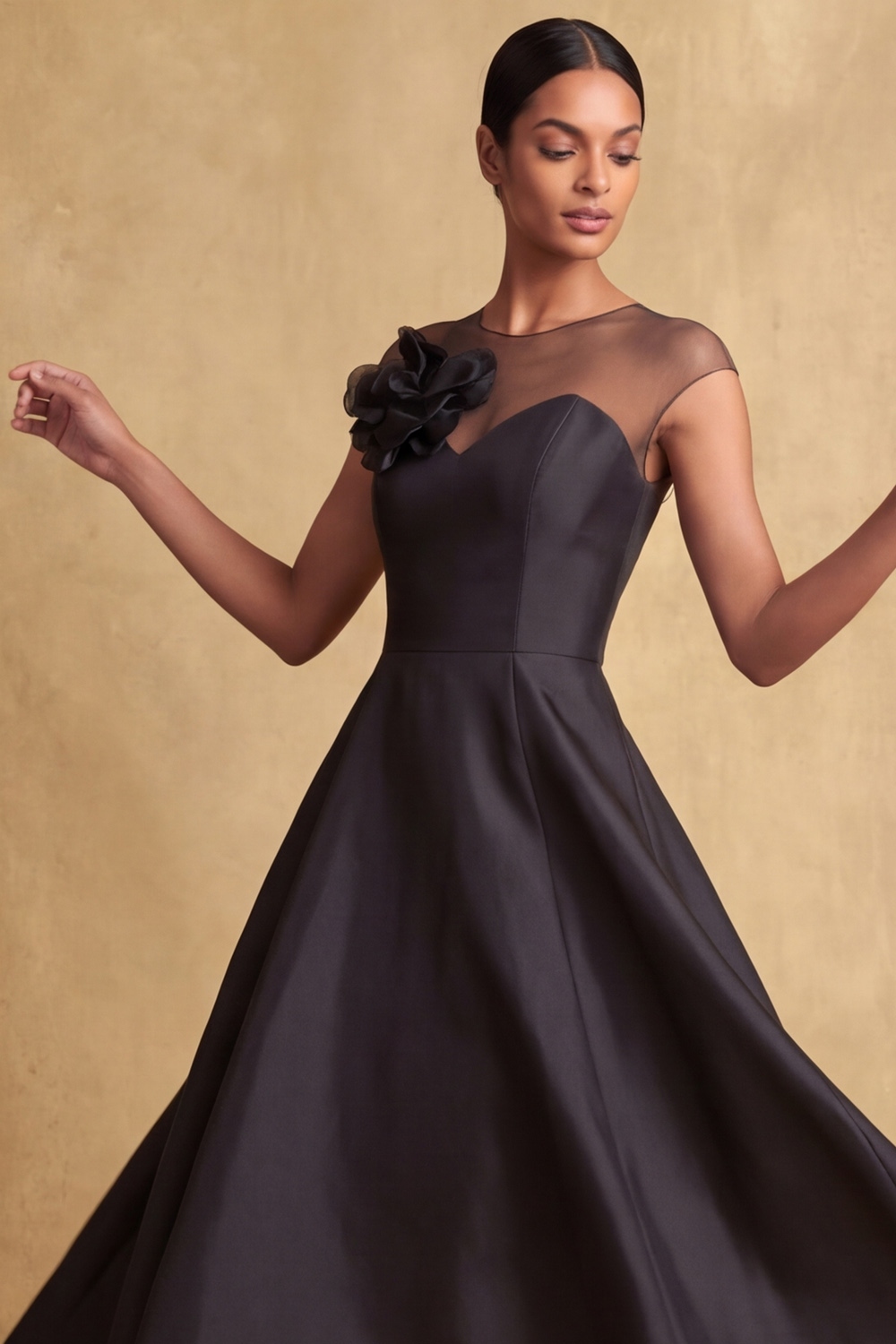 Black Evening Formal Dress Illusion Neck High-Low Dress with 3D Flower