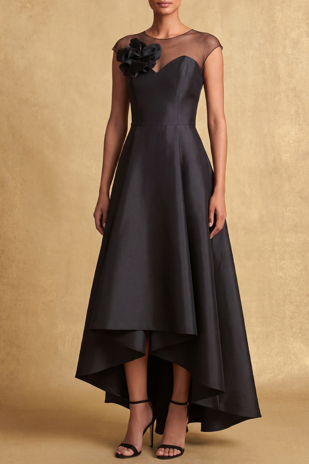 Black Evening Formal Dress Illusion Neck High-Low Dress with 3D Flower