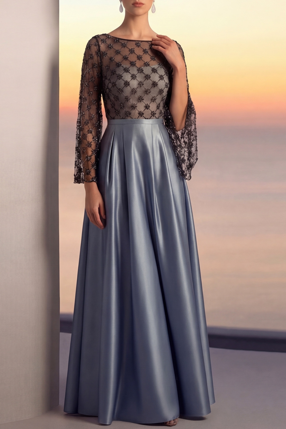 Gold Evening Formal Dress A-Line Crew Neck Satin Maxi Dress