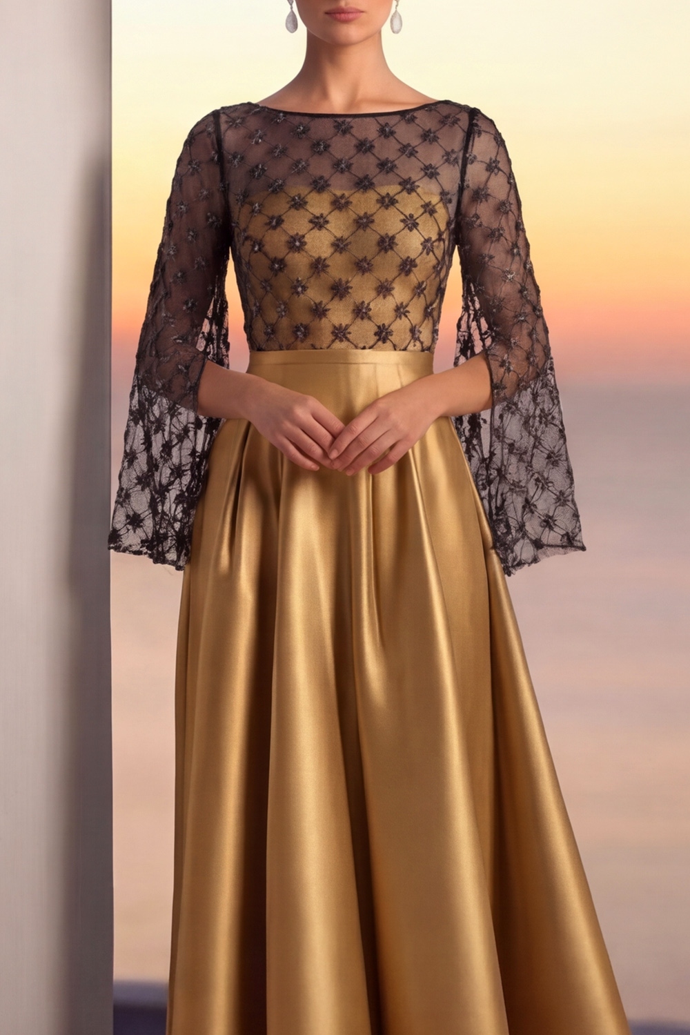 Gold Evening Formal Dress A-Line Crew Neck Satin Maxi Dress