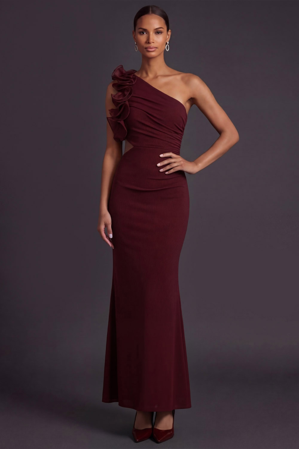Burgundy Formal Evening Dress Mermaid One Shoulder Ruffled Maxi Dress