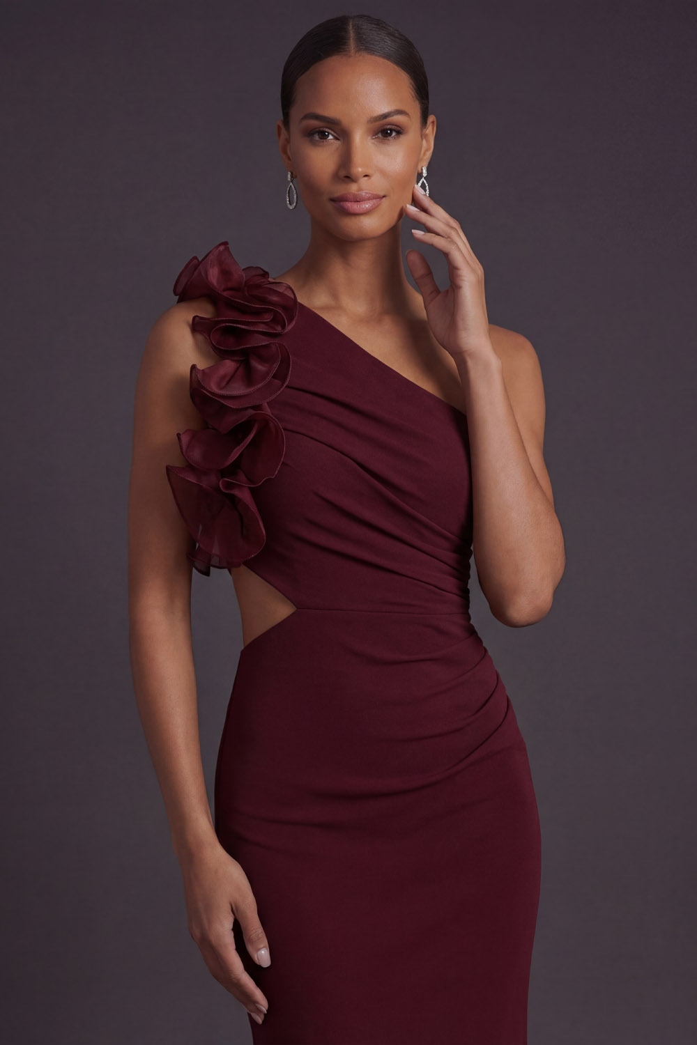 Burgundy Formal Evening Dress Mermaid One Shoulder Ruffled Maxi Dress