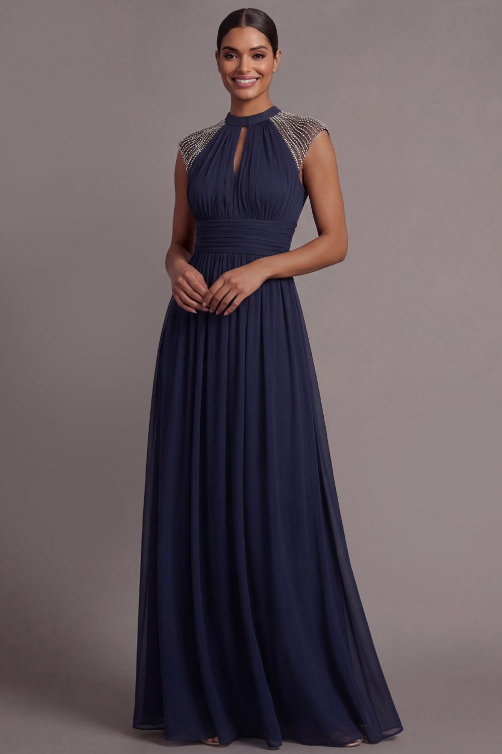 Navy Formal Evening Dress A-Line Keyhole Beaded Maxi Dress