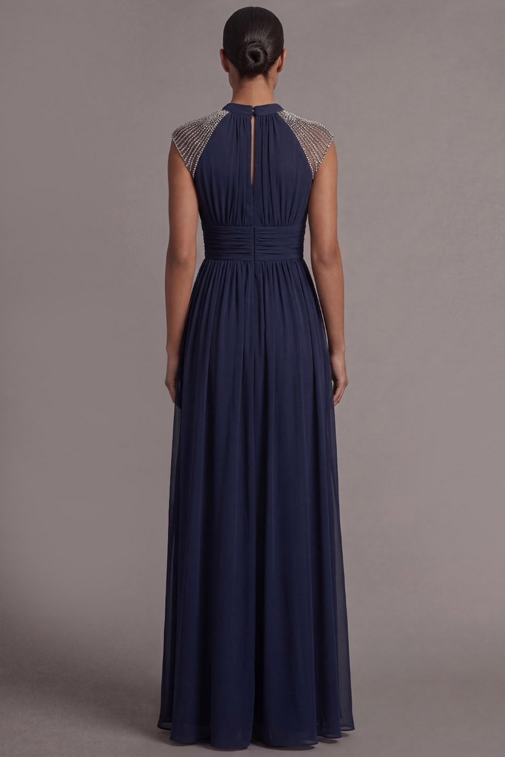 Navy Formal Evening Dress A-Line Keyhole Beaded Maxi Dress