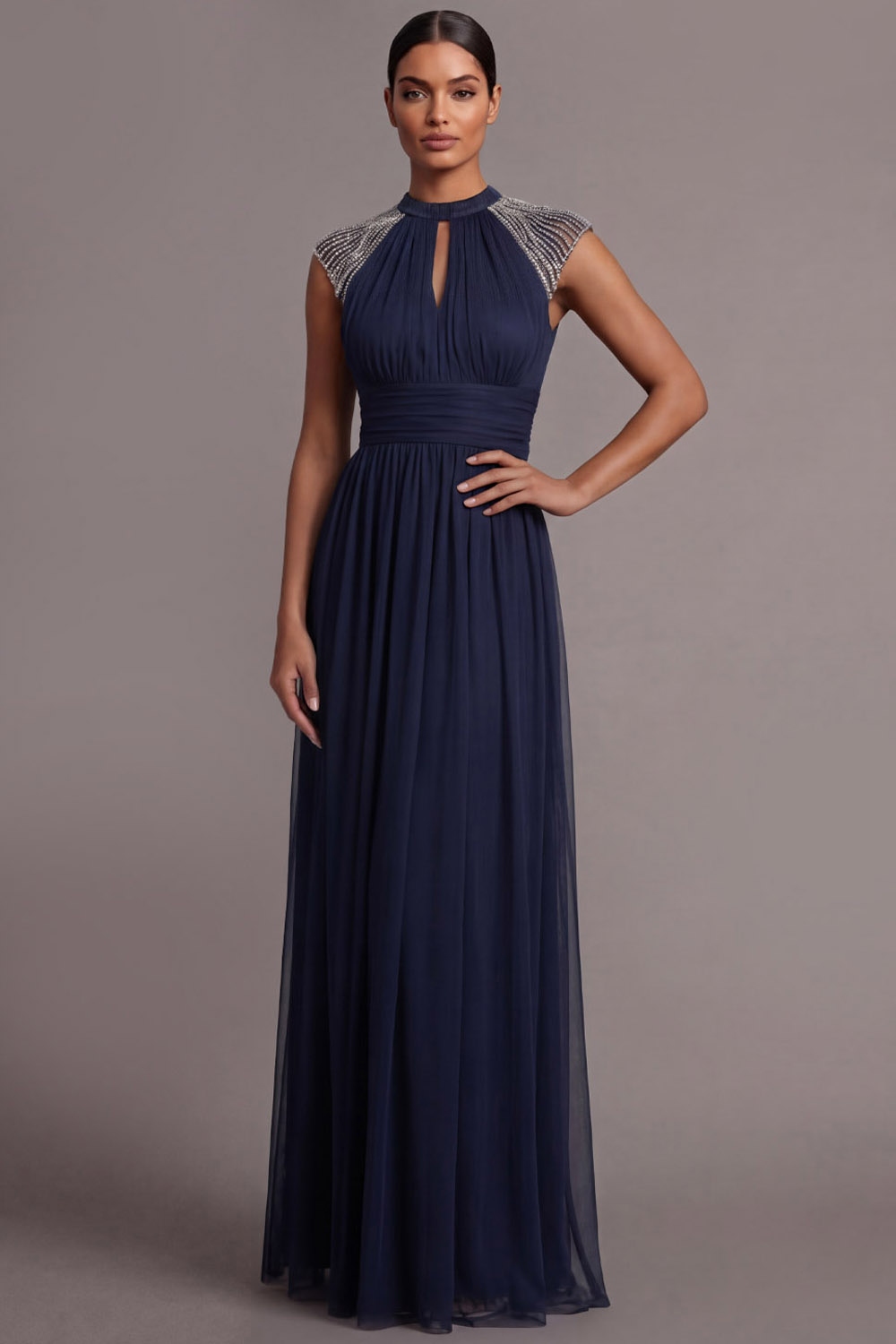 Navy Formal Evening Dress A-Line Keyhole Beaded Maxi Dress