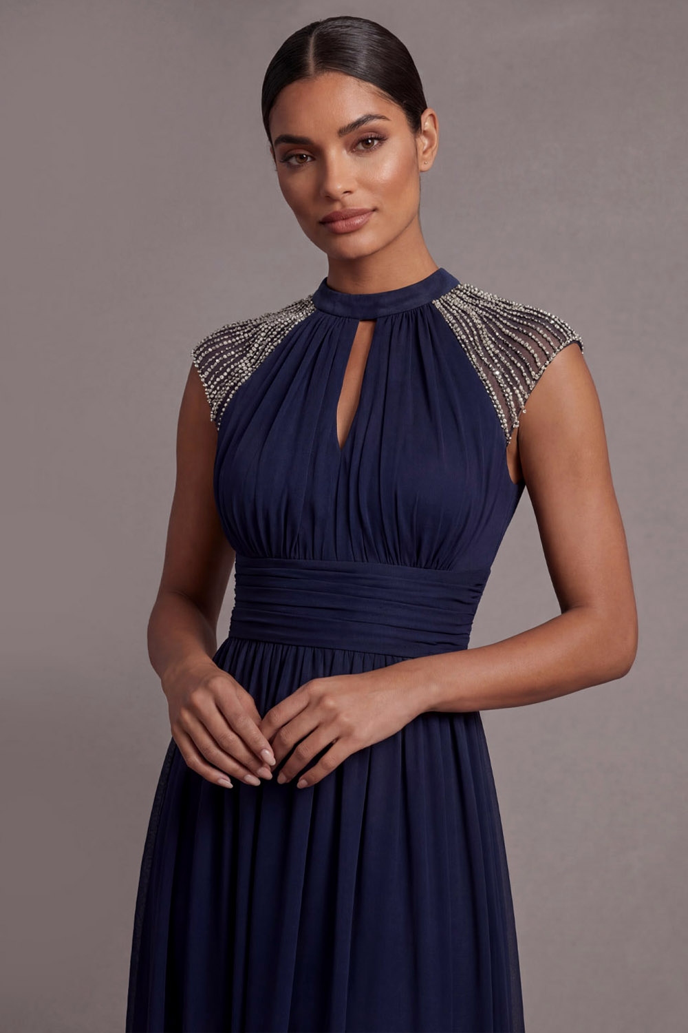 Navy Formal Evening Dress A-Line Keyhole Beaded Maxi Dress
