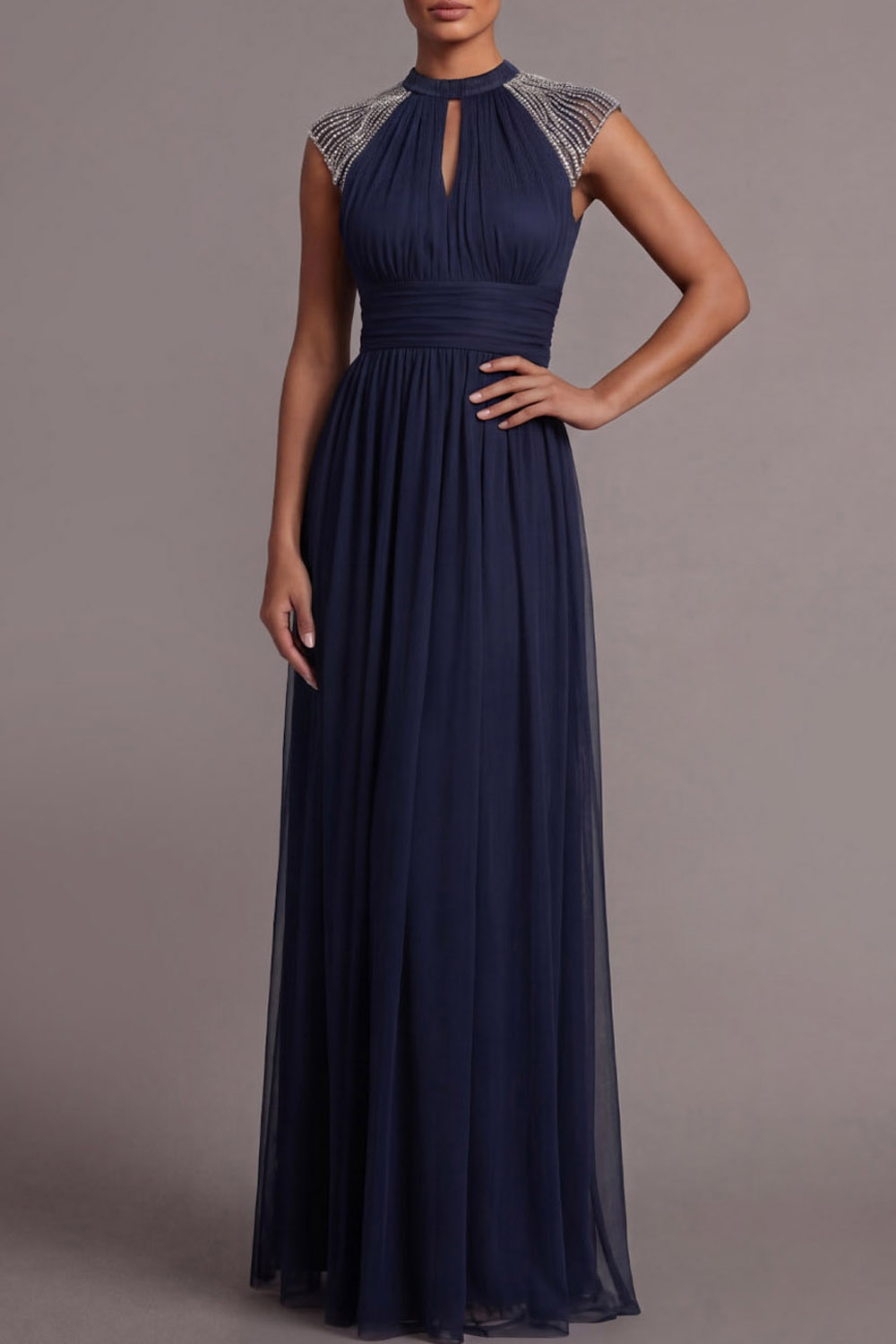 Navy Formal Evening Dress A-Line Keyhole Beaded Maxi Dress
