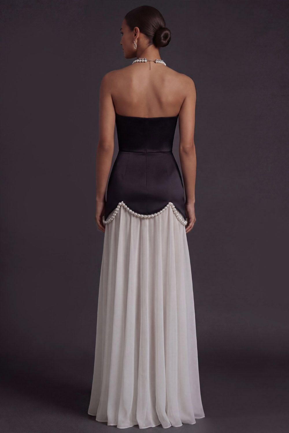 White Black Formal Evening Dress A-Line Strapless Maxi Dress with Beading