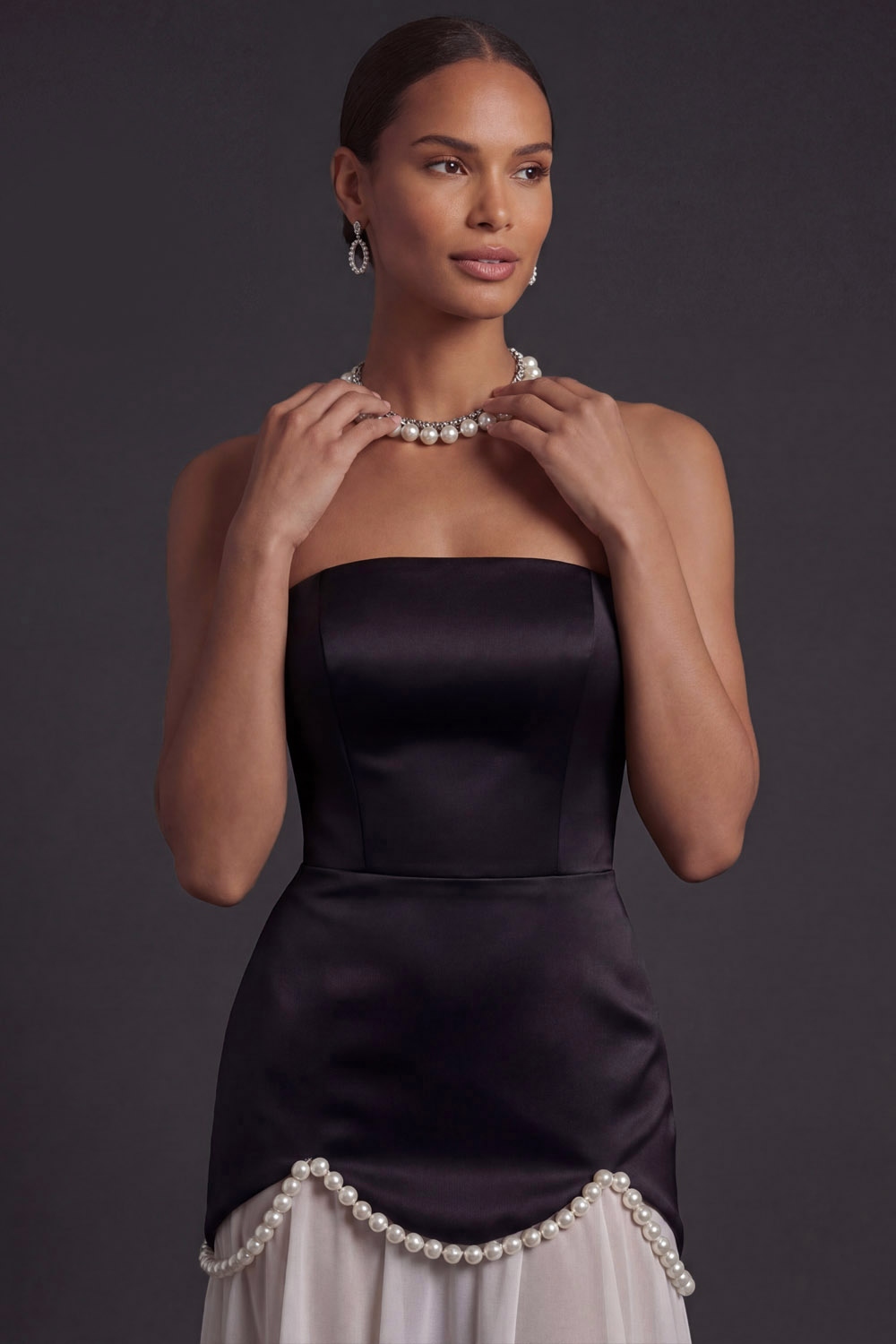 White Black Formal Evening Dress A-Line Strapless Maxi Dress with Beading