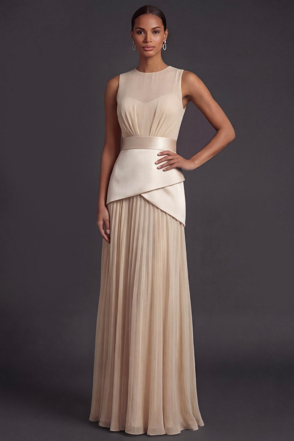 Champagne Evening Formal Dress A-Line Round Neck Pleated Maxi Dress