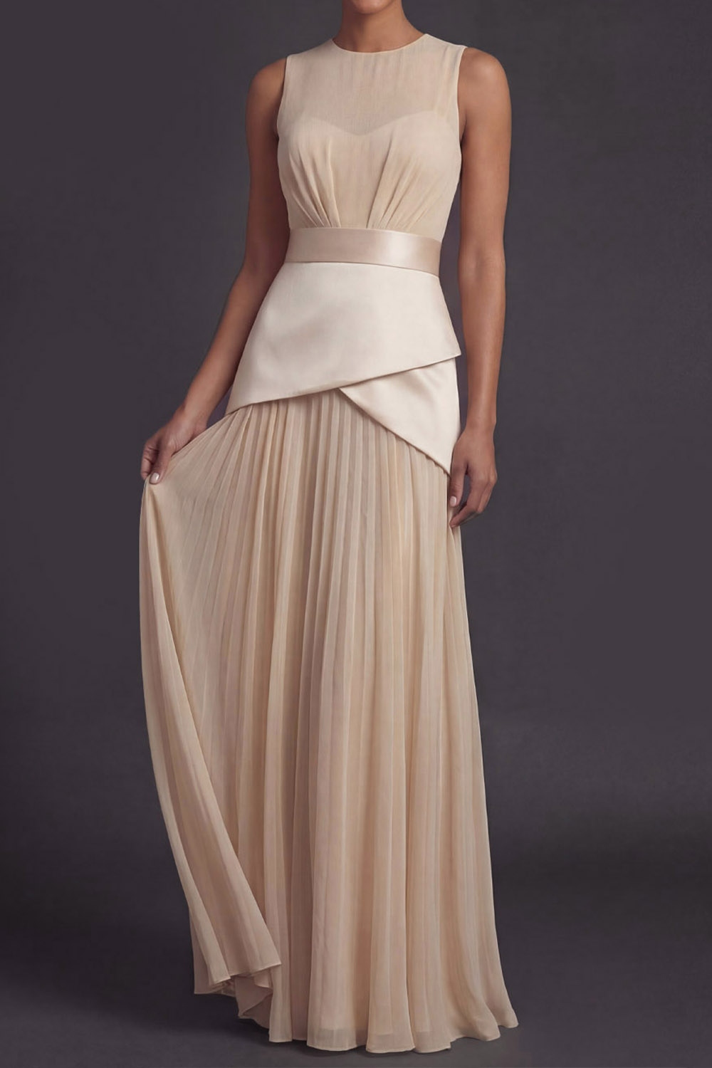 Champagne Evening Formal Dress A-Line Round Neck Pleated Maxi Dress