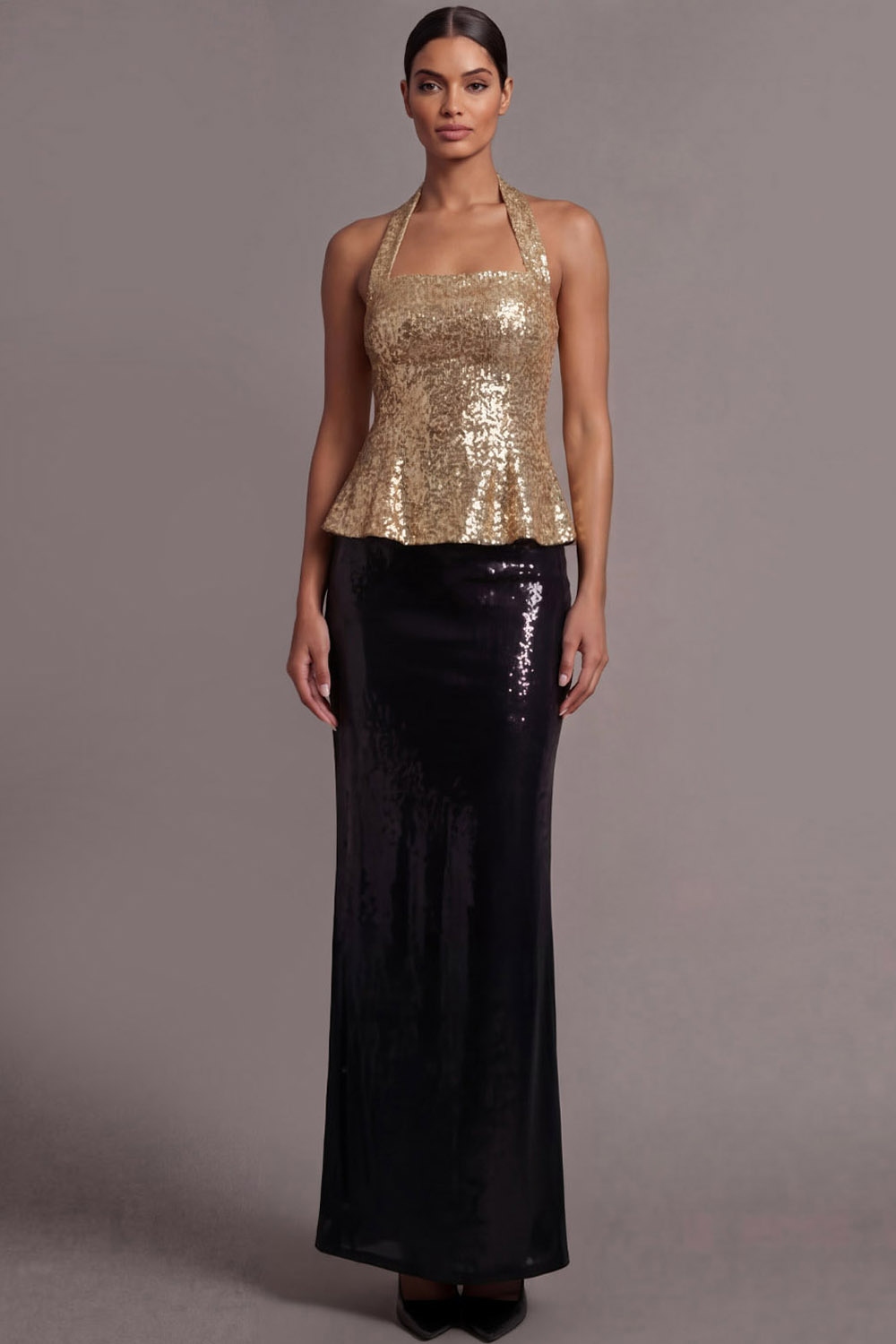 Sparkly Golden Formal Party Dress Sheath Halter Sequin Maxi Dress