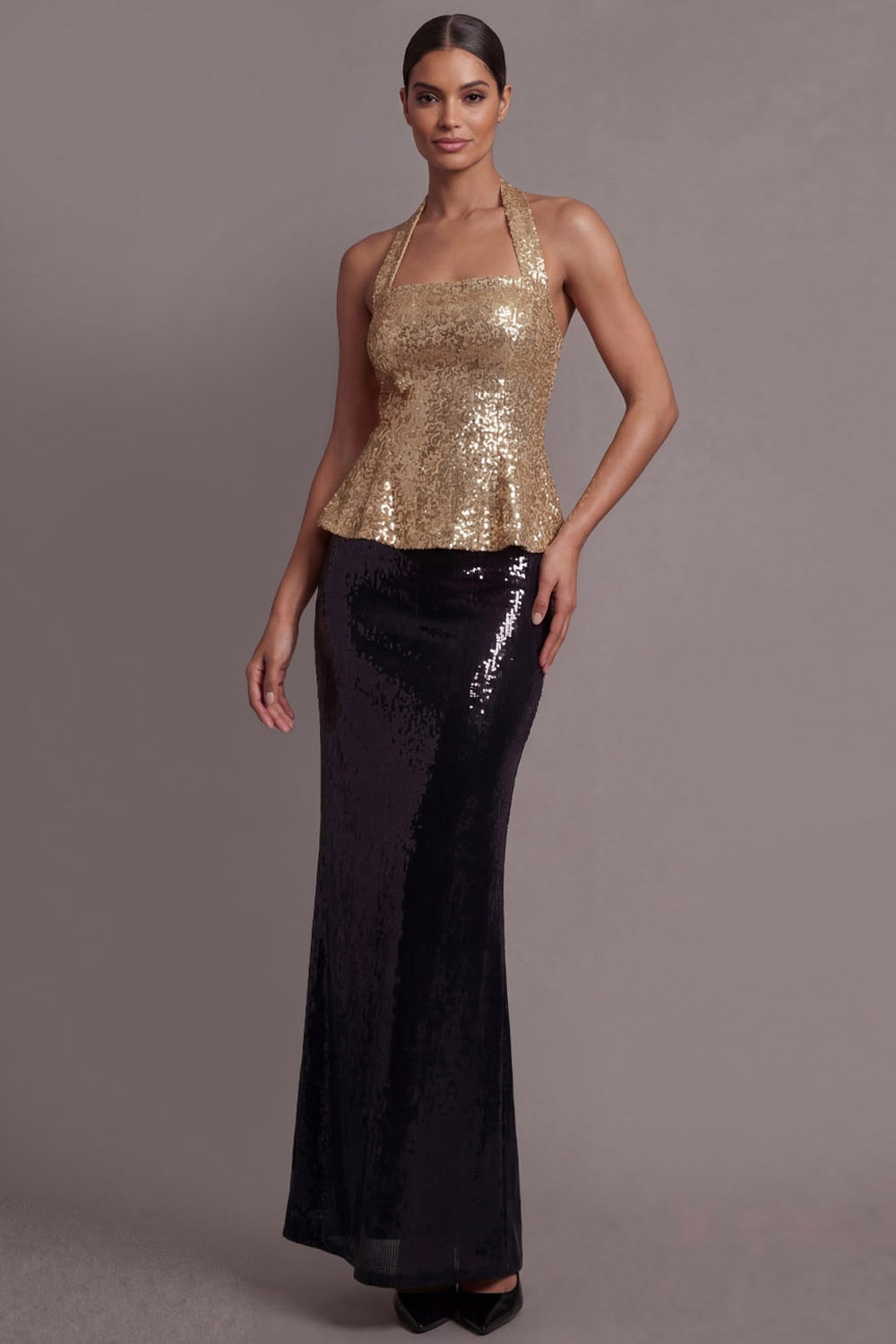 Sparkly Golden Formal Party Dress Sheath Halter Sequin Maxi Dress