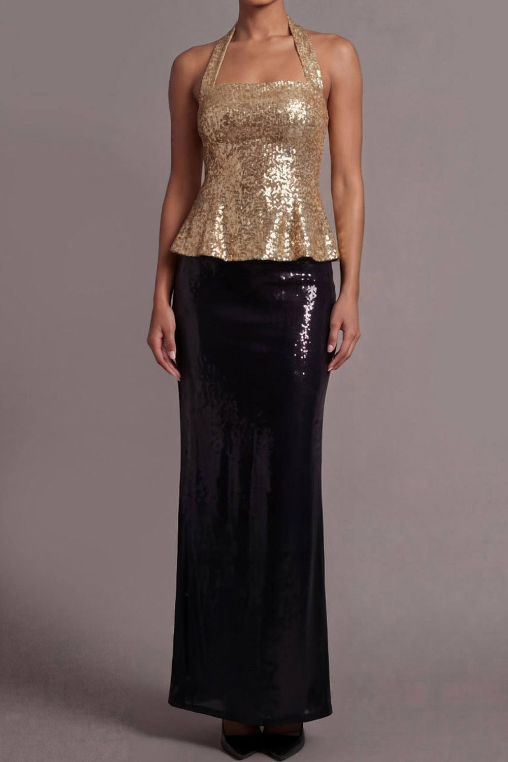 Sparkly Golden Formal Party Dress Sheath Halter Sequin Maxi Dress