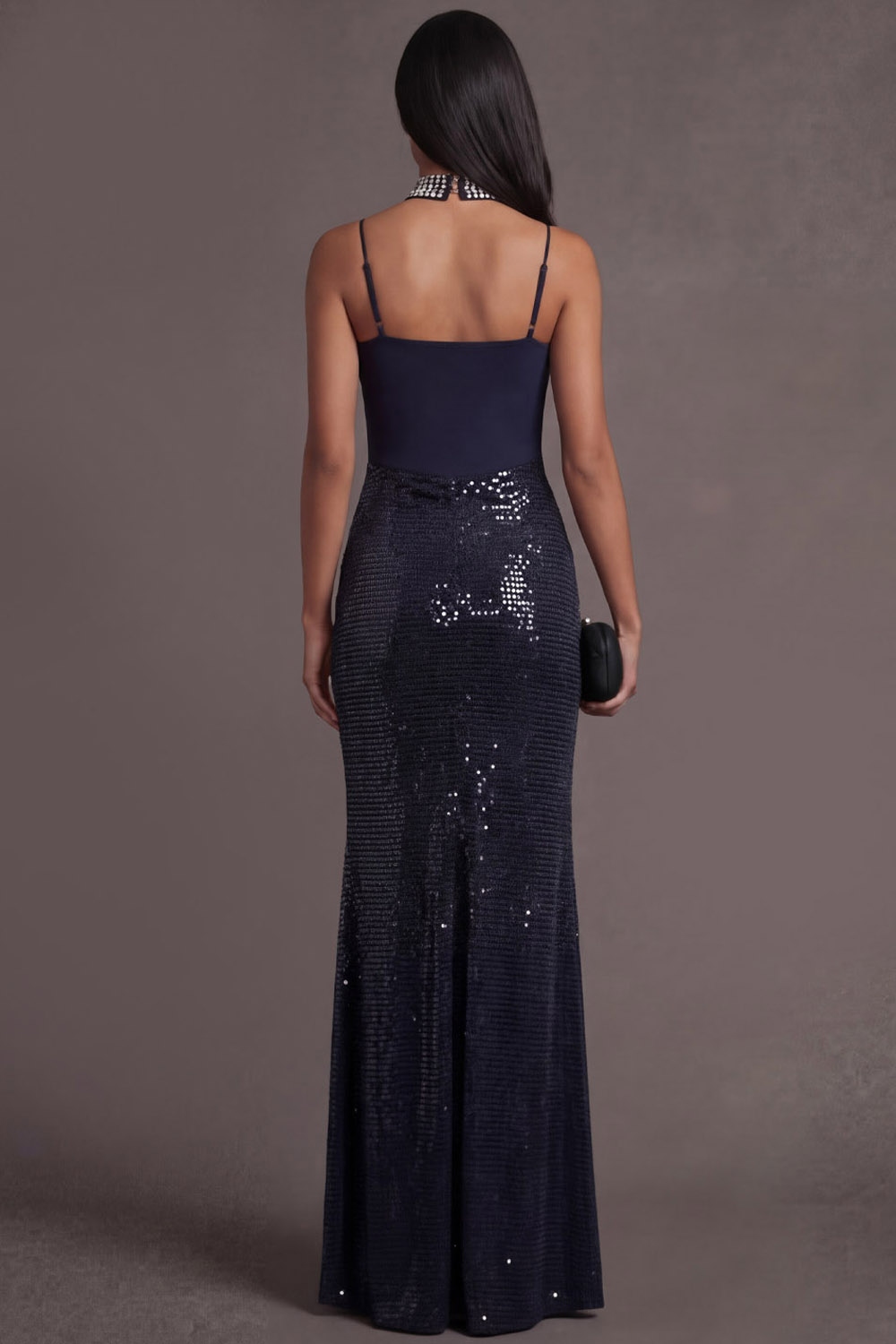 Sparkly Navy Formal Party Dress Spaghetti Straps Sequin Maxi Dress with Slit