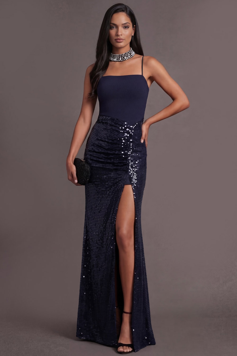Sparkly Navy Formal Party Dress Spaghetti Straps Sequin Maxi Dress with Slit