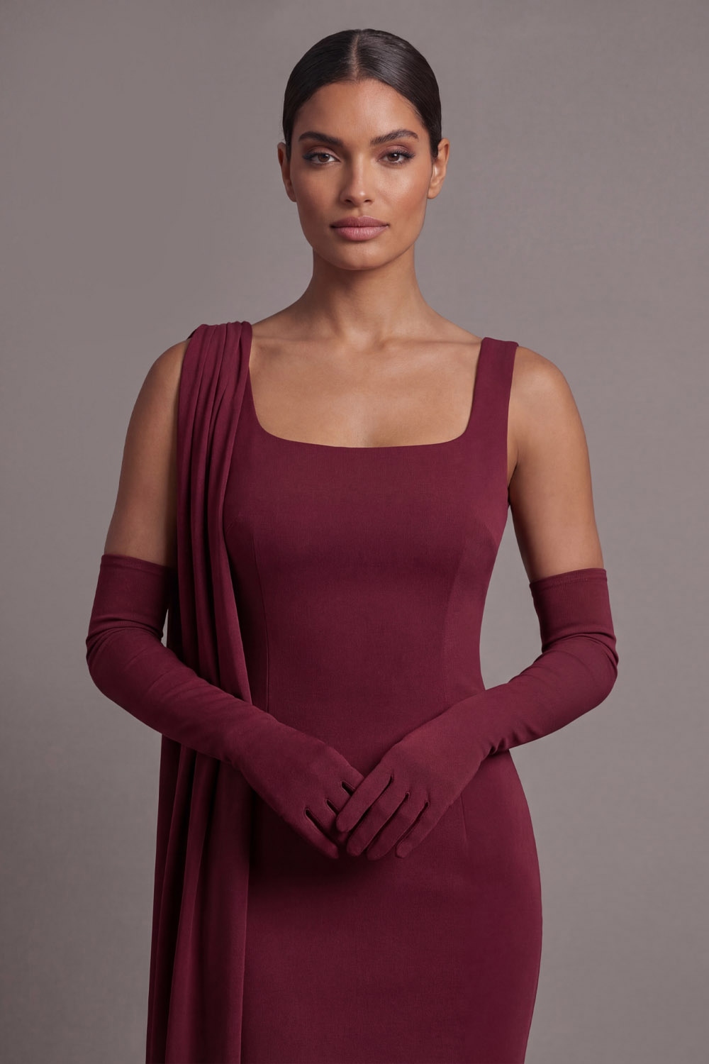 Burgundy Formal Evening Dress Mermaid Wide Straps Cape Maxi Dress