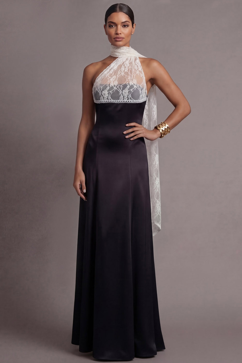Black Formal Dress A-Line Halter Satin Maxi Dress with Scarf